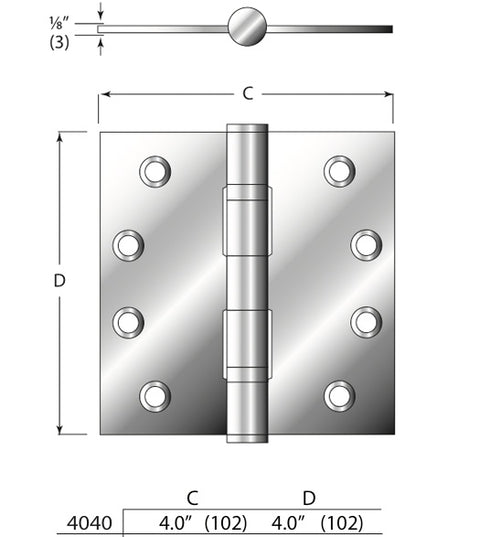 4 x 4 x Square Corners Heavy Duty Grade Stainless Steel Hinge Ball Bearings, Pair, AHI SIG779-4040