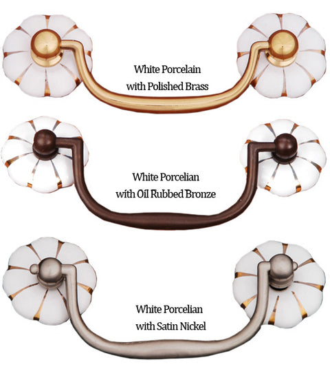 Doorware.com White Porcelain Flower Bail Pull with Brass Lines, RK International CP-352