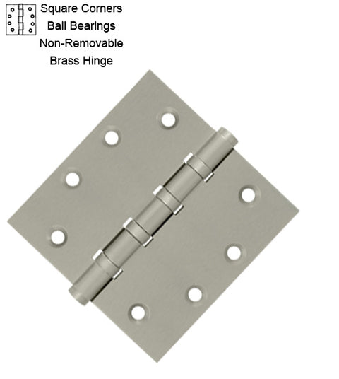 4-1/2 x 4-1/2 x Sq Corners Brass Hinges with Non-Removable Pin and Ball Bearings, Pair, DSB45NB