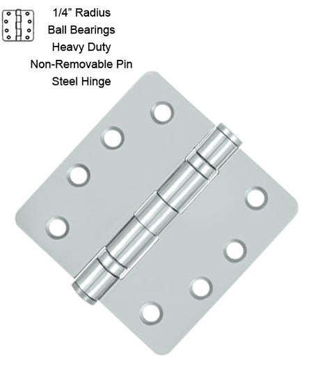 4 x 4 x 1/4 Radius Heavy Duty Non-Removable Pin Ball Bearing Hinges, Pair, Deltana S44R4HDBNRP