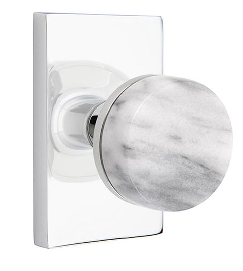 White Marble Conical Knob with Rectangular Rose. Emtek 5052CCMRKWH