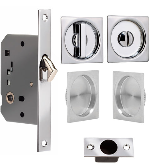 Contemporary Solid Brass Double Pocket Door Privacy Set, Omnia 3911S-DD