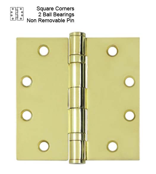 41/2 x 41/2 Polished Brass Commercial Hinge, 2 Ball Bearings and NonRemovable Pin