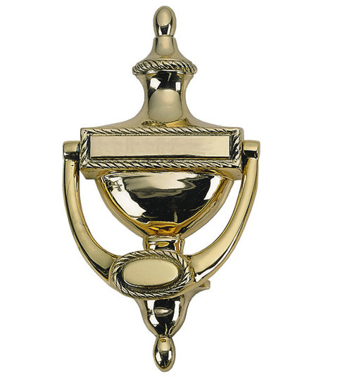 Solid Brass 8 Inch English Rope Door Knocker With Urn Tip, Brass Accents A06-K0170