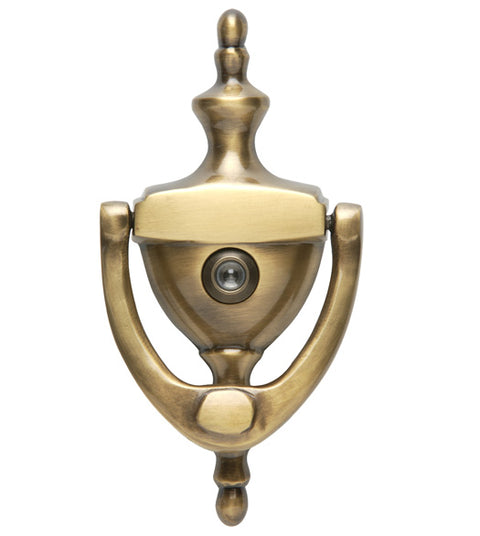 Solid Brass Traditional Door Knocker With Eye Viewer, Brass Accents A07-K6551