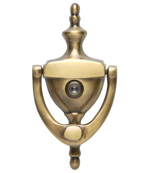 Solid Brass Traditional Door Knocker With Eye Viewer, Brass Accents A07-K6551