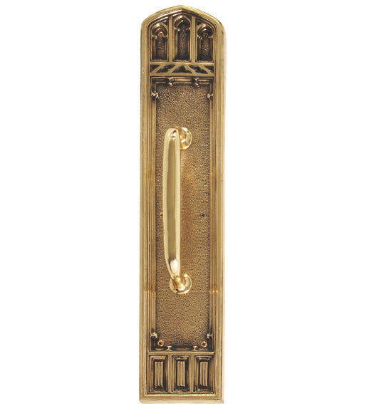 Gothic Church Solid Brass Pull Plate with 8-1/2 Inch Handle, Brass Accents A04-P5841