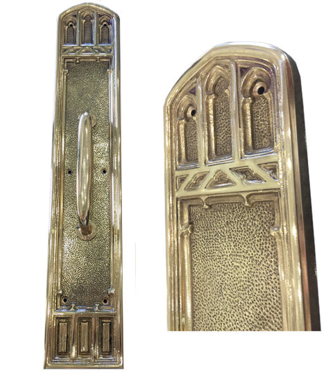 Polished Brass Gothic Pull Plate with 6-1/2 Inch Handle, Brass Accents A04-P5841-RV5-605