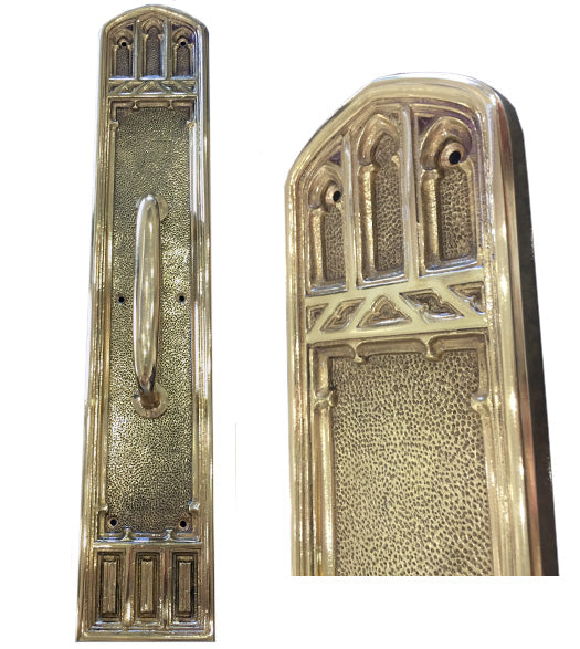 Polished Brass Gothic Pull Plate with 6-1/2 Inch Handle, Brass Accents A04-P5841-RV5-605