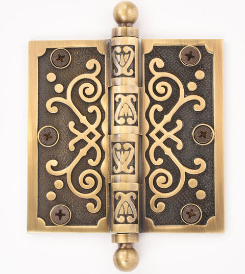 Doorware.com 3-1/2 x 3-1/2 Ornate Victorian Brass Hinge with Ball Tips, Brass Accents H05-H443B