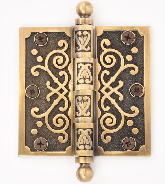 Doorware.com 3-1/2 x 3-1/2 Ornate Victorian Brass Hinge with Ball Tips, Brass Accents H05-H443B