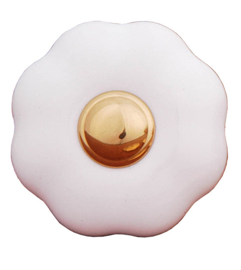 White Flower Porcelain Cabinet Knob with Polished Brass, RK International CK-321