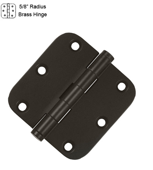 3-1/2 x 3-1/2 x 5/8 Radius Residential Solid Brass Hinge,  Pair, Deltana DSB35R5x-R