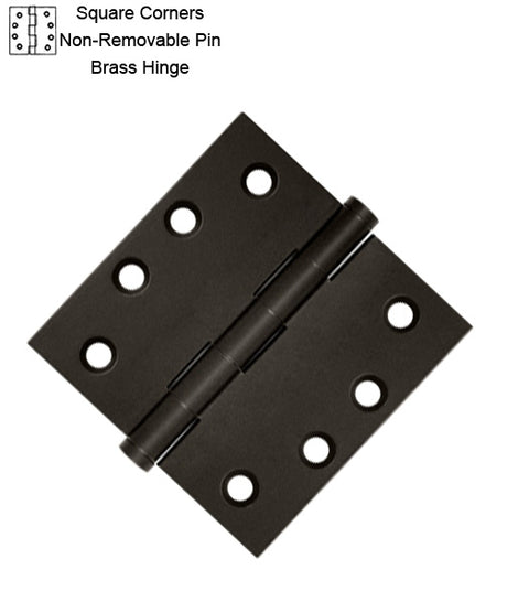 4 x 4 x Square Corners Solid Brass Hinge with Non-Removable Pin, Pair, DSB4N