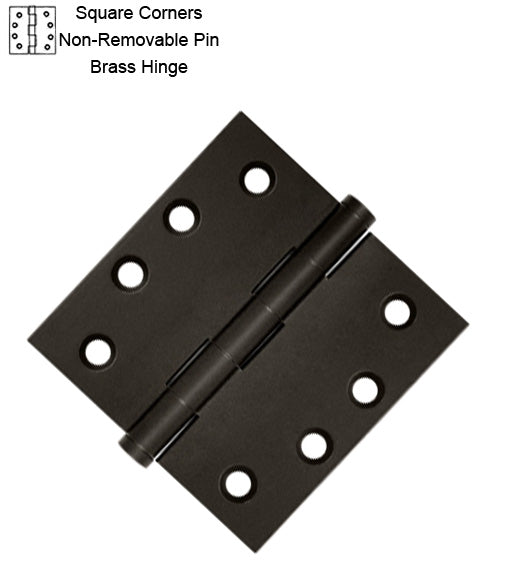 4 x 4 x Square Corners Solid Brass Hinge with Non-Removable Pin, Pair, DSB4N