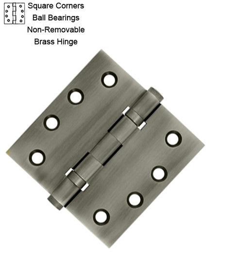 4 x 4 x Square Corners, Solid Brass Hinges with Non-Removable Pin and Ball Bearings, Pair, DSB4NB
