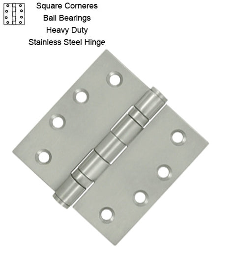 4 x 4 x Square Corners Heavy Duty Stainless Steel Hinge 2 Ball Bearings, Pair, Deltana SS44BU