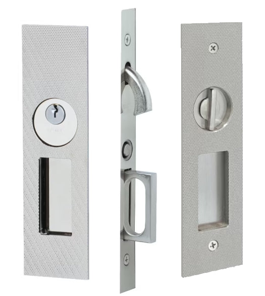 Knurled Narrow Rectangular Keyed Entry Pocket Door Set, Emtek 2193