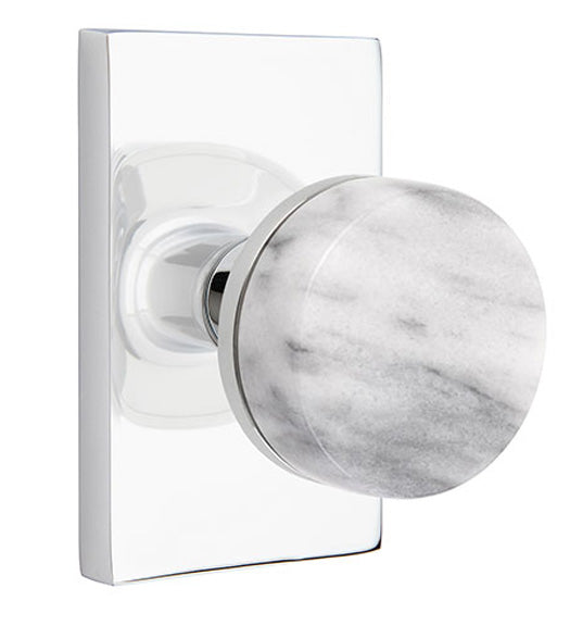White Marble Conical Knob with Rectangular Rose. Emtek 5052CCMRKWH