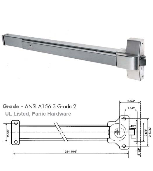 30 to 36-inch Wide Door Stainless Steel Touch Bar Rim Exit Device TH1100EDTBARSS