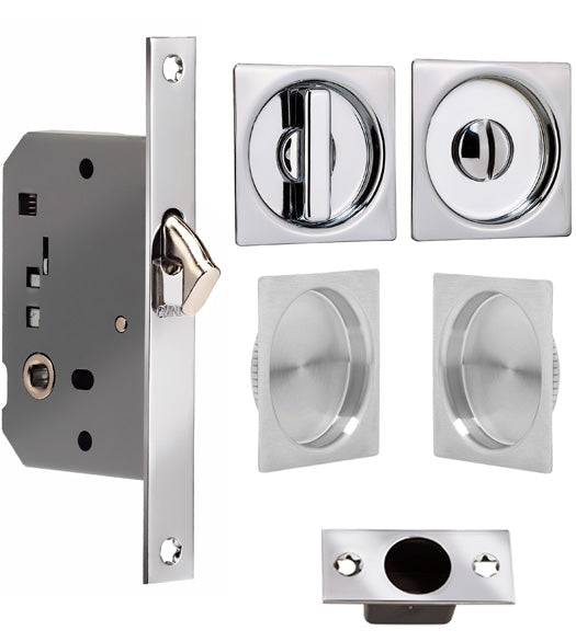 Contemporary Solid Brass Double Pocket Door Privacy Set, Omnia 3911S-DD