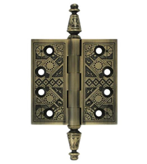 3-1/2 x 3-1/2 Ornate Brass Hinge With Finials, Pair, Deltana DSBP35