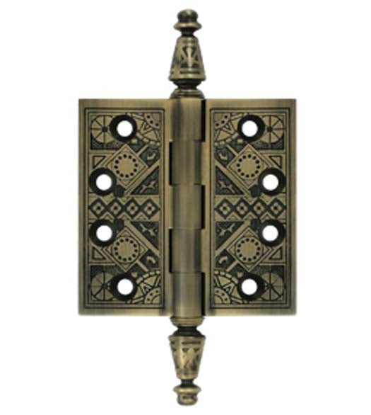 3-1/2 x 3-1/2 Ornate Brass Hinge With Finials, Pair, Deltana DSBP35