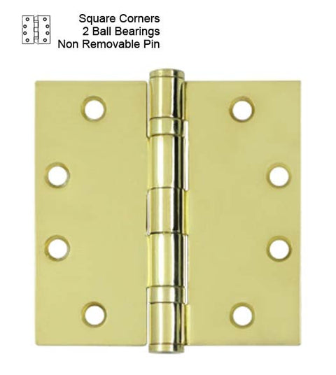 4-1/2 x 4-1/2 Polished Brass  Commercial  Hinge, 2 Ball Bearings and Non-Removable Pin