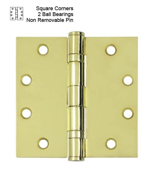 4-1/2 x 4-1/2 Polished Brass  Commercial  Hinge, 2 Ball Bearings and Non-Removable Pin