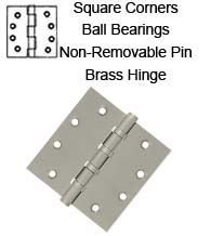 4-1/2 x 4-1/2 x Sq Corners Brass Hinges with Non-Removable Pin and Ball Bearings, Pair, DSB45NB
