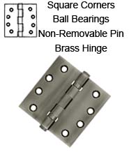 4 x 4 x Square Corners, Solid Brass Hinges with Non-Removable Pin and Ball Bearings, Pair, DSB4NB