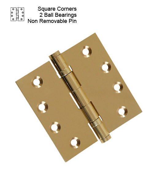 41/2 x 41/2 Polished Brass Commercial Hinge, 2 Ball Bearings and Non
