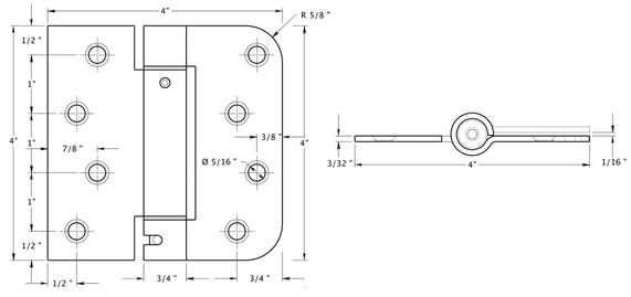 4 x 4 x 5/8 Radius x Square Corner Leaf THERMA-TRU Spring Hinge 